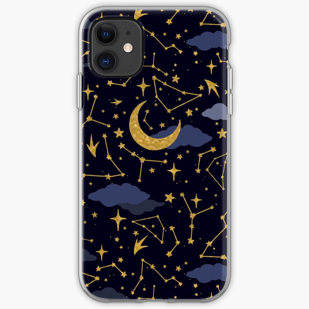 Celestial Stars and Moons in Gold and Dark Blue iPhone Case & Cover