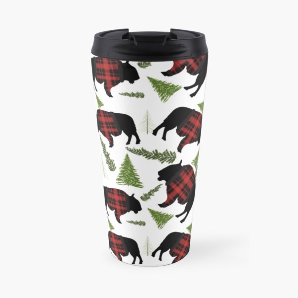 Buffalo Wearing Buffalo Plaid Holiday Sweater With Evergreens And Snowballs Travel Coffee Mug