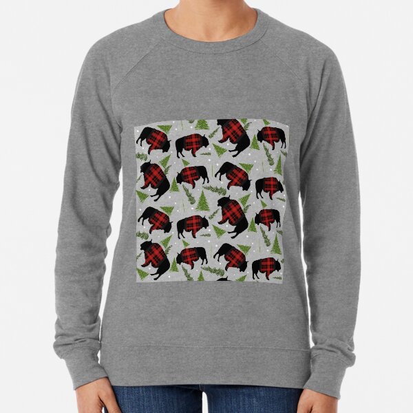 Buffalo Wearing Buffalo Plaid Holiday Sweater With Evergreens And Snowballs Lightweight Sweatshirt