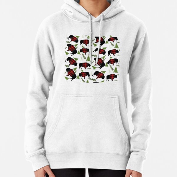 Buffalo Wearing Buffalo Plaid Holiday Sweater With Evergreens And Snowballs Pullover Hoodie