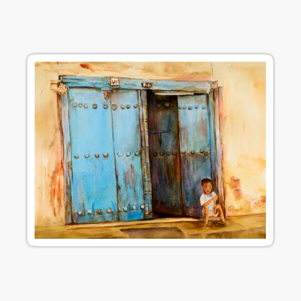Child sitting in old Zanzibar doorway Sticker