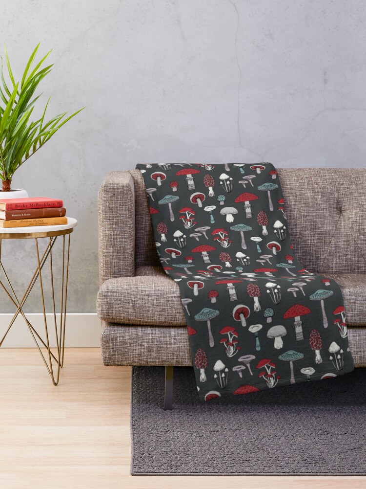Alternate view of Midnight Mushrooms - fun fungus pattern by Cecca Designs Throw Blanket