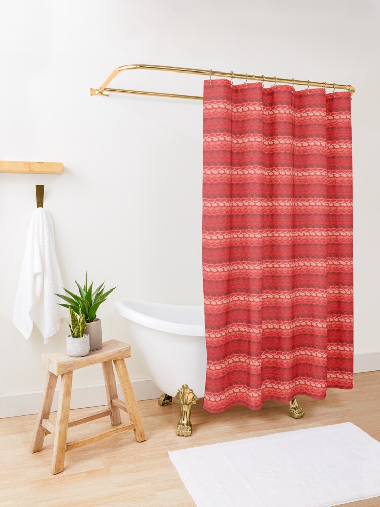 Alternate view of Faux slip stitch crochet pattern with red hues Shower Curtain