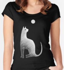 Ghost Cat and Moon in black and white Women's Fitted Scoop T-Shirt