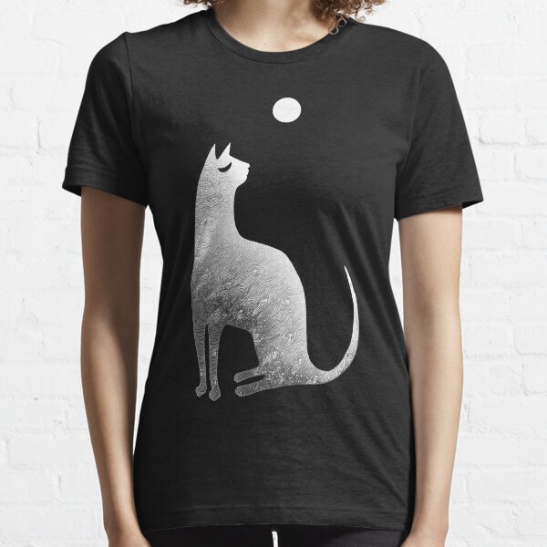 Ghost Cat and Moon in black and white Essential T-Shirt
