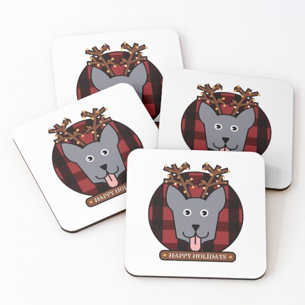 Item preview, Happy Holidays Dog Antlers and Red Plaid with fairy lights Illustration designed and sold by StudioUnrefined.