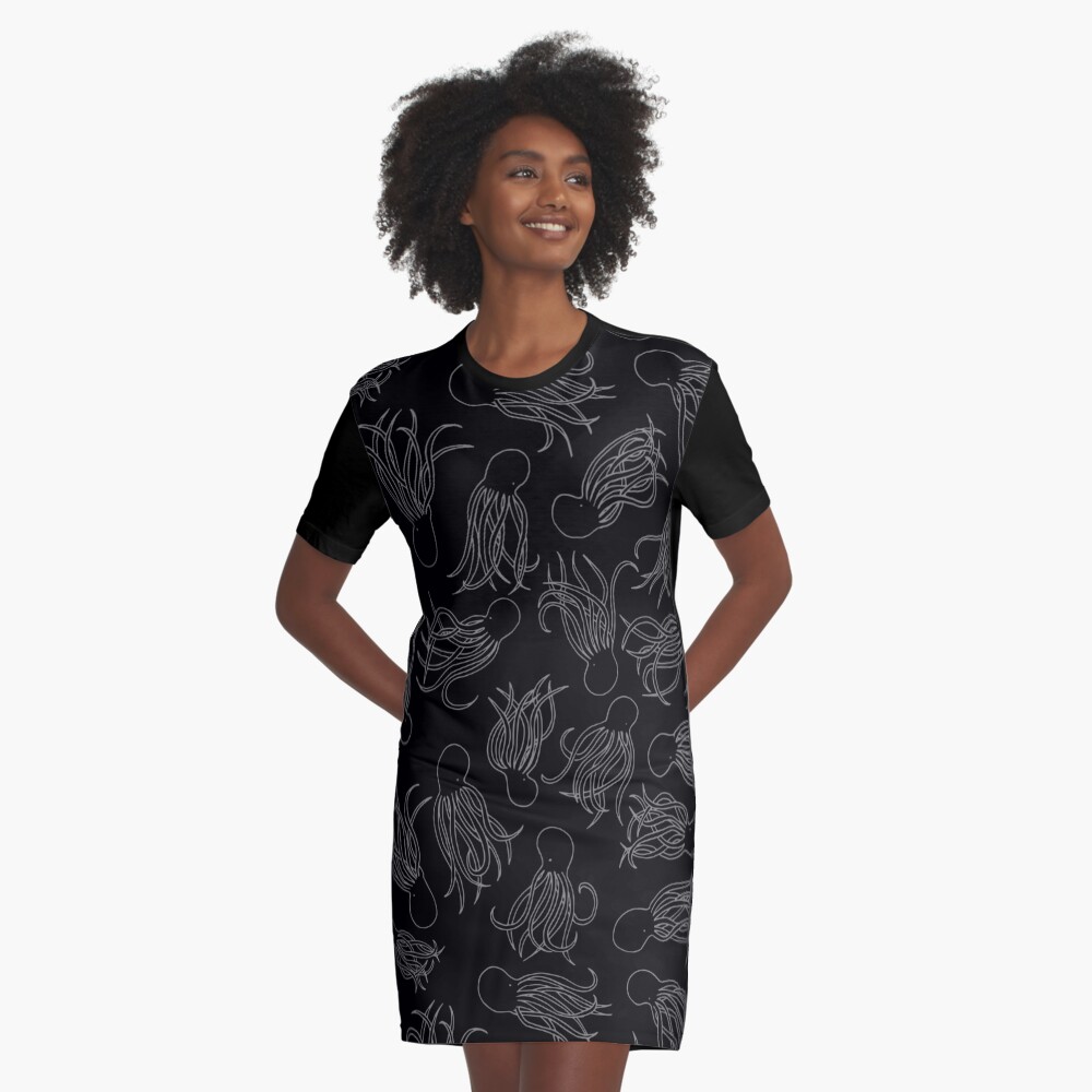 Grey Squids on Black Graphic T-Shirt Dress