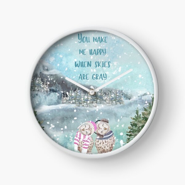 Cute Winter Owls, You make me happy when skies are gray Clock