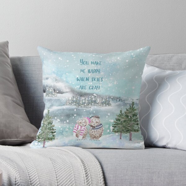 Cute Winter Owls, You make me happy when skies are gray Throw Pillow