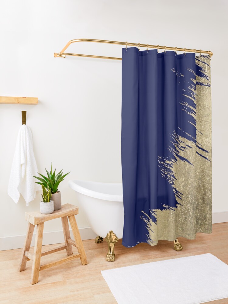 Navy Blue Abstract Faux Gold Brushstrokes Shower Curtain For Sale By