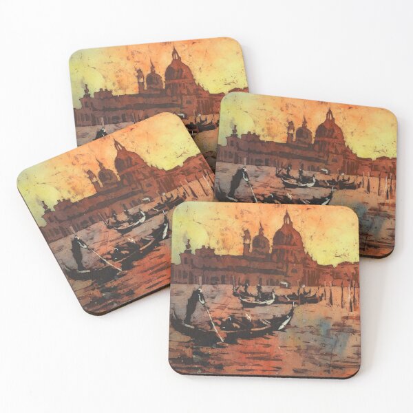 Item preview, Venice gondolier and church of Santa Maria Maggiore silhouetted at dusk in Venice, Italy.  Watercolor batik painting. designed and sold by rfoxphoto.
