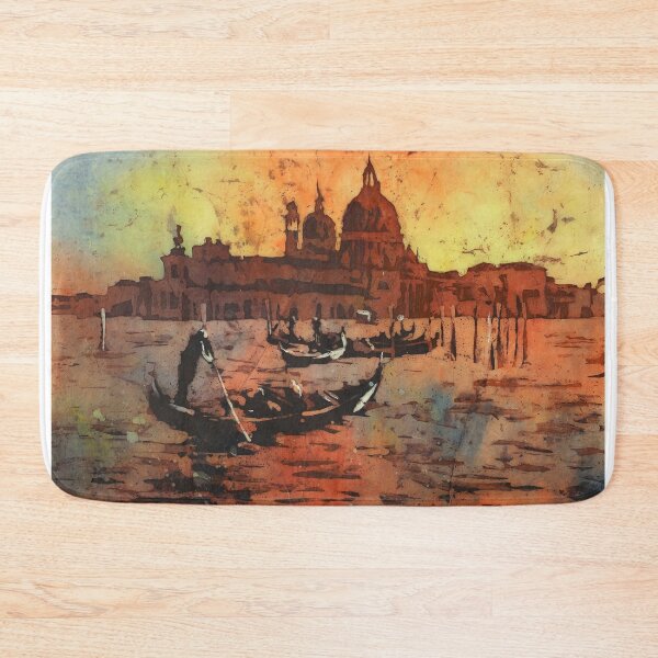 Item preview, Venice gondolier and church of Santa Maria Maggiore silhouetted at dusk in Venice, Italy.  Watercolor batik painting. designed and sold by rfoxphoto.