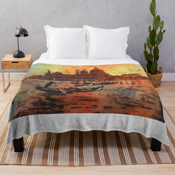 Item preview, Venice gondolier and church of Santa Maria Maggiore silhouetted at dusk in Venice, Italy.  Watercolor batik painting. designed and sold by rfoxphoto.