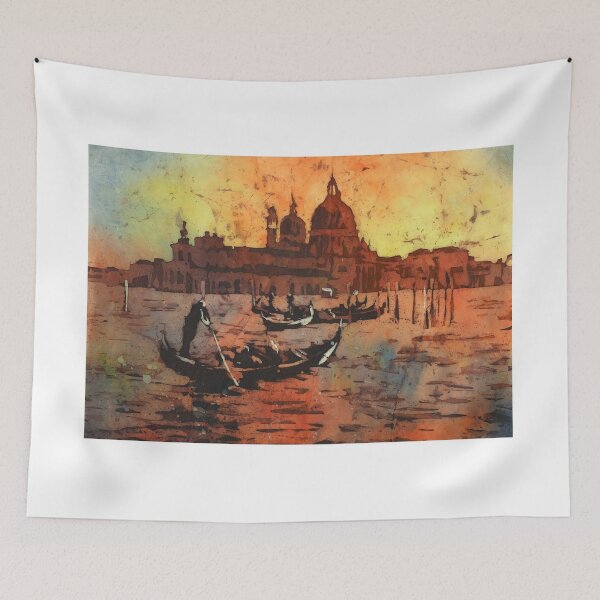 Item preview, Venice gondolier and church of Santa Maria Maggiore silhouetted at dusk in Venice, Italy.  Watercolor batik painting. designed and sold by rfoxphoto.