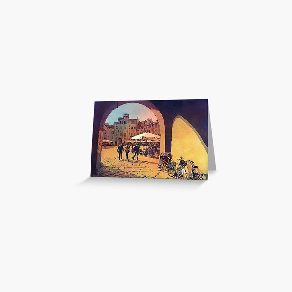 Watercolor painting of Lucca, Italy- people in the Anfiteatro central square. Painting Lucca Italy artwork Greeting Card