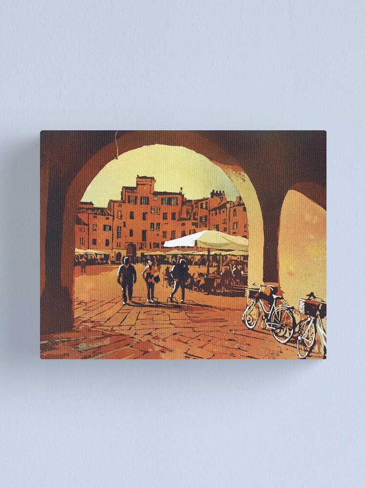 "Watercolor painting of Lucca, Italy people in the Anfiteatro central