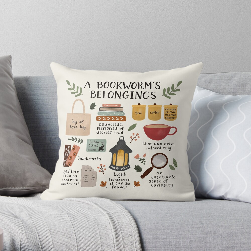 A Bookworm's Belongings Throw Pillow