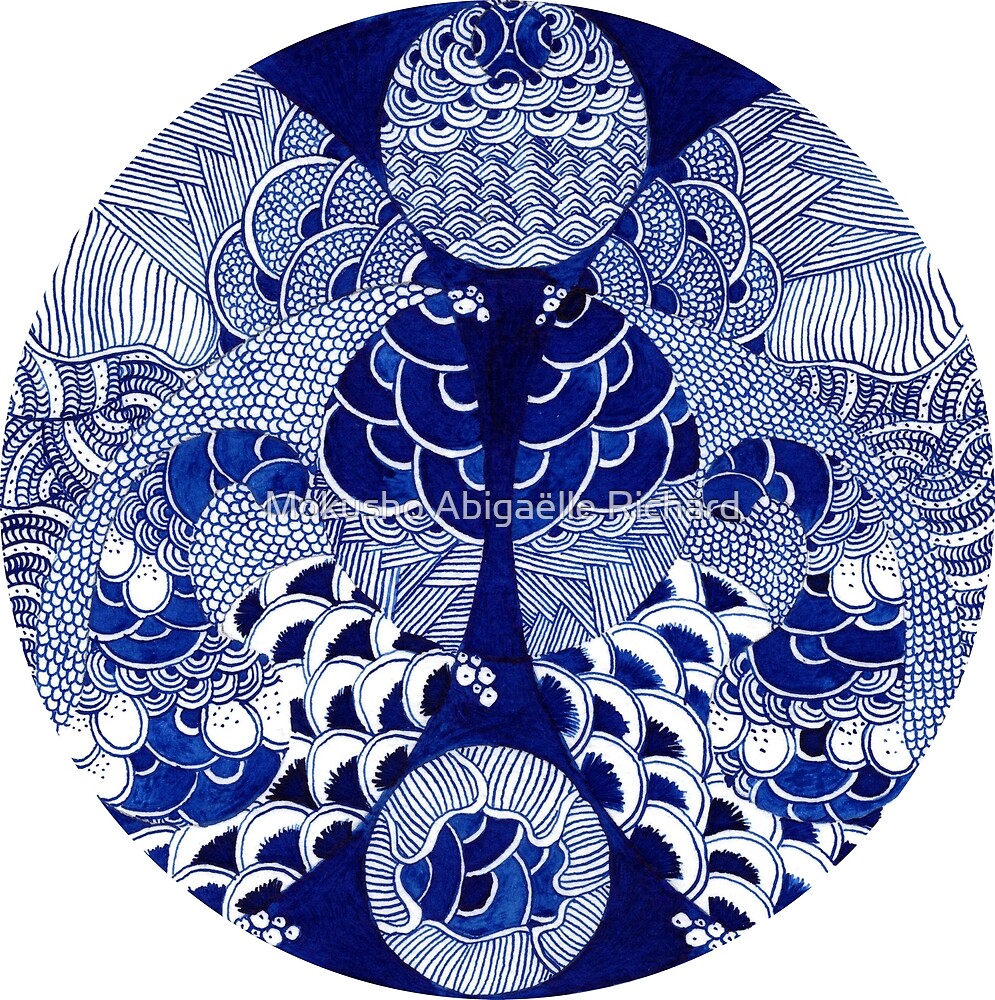 "Janus Blue ink drawing of abstract patterns by Mokusho Abigaelle