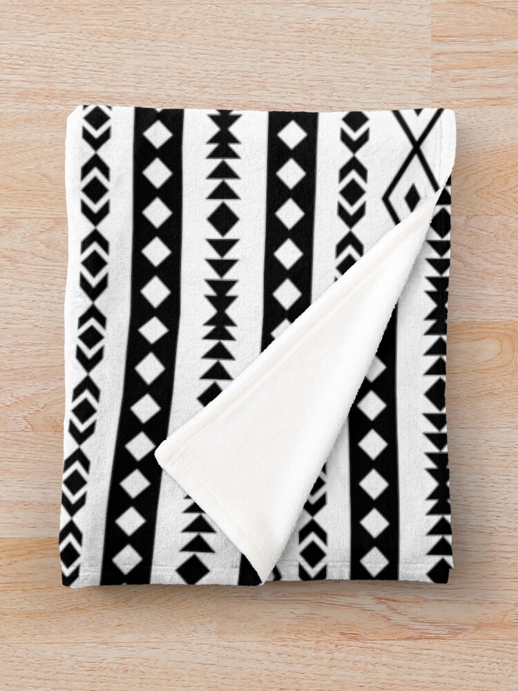 "Aztec Black on White Mixed Motifs Pattern" Throw Blanket by