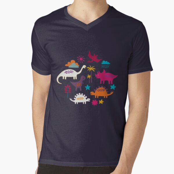 Dinosaur Land - Sunshine Brights - cute Dino pattern by Cecca Designs V-Neck T-Shirt