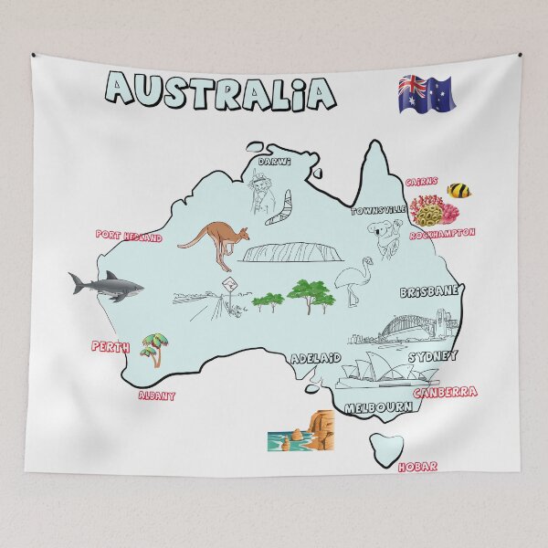 Item preview, map of Australia with major cities, flag, and landmarks designed and sold by mashmosh.