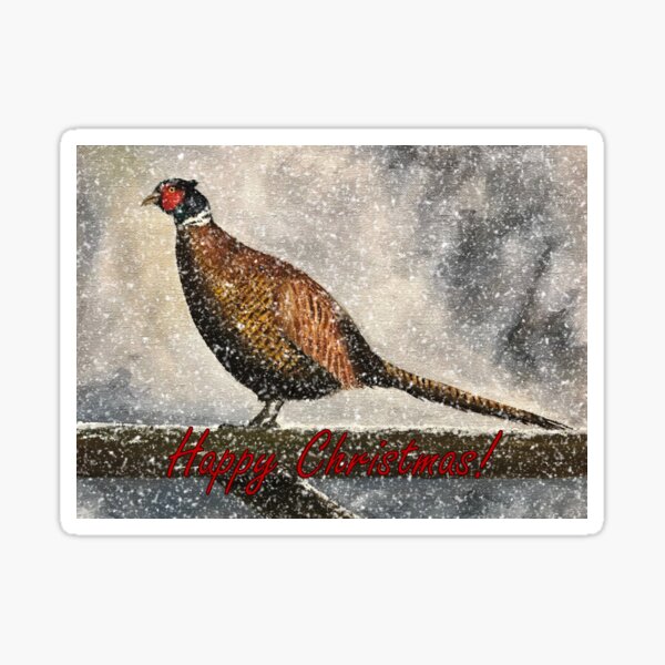 Pheasant in Falling Snow - Christmas Card Sticker