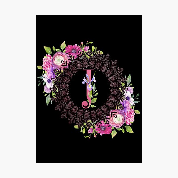 Pink Foil Floral Monogram - J Photographic Print