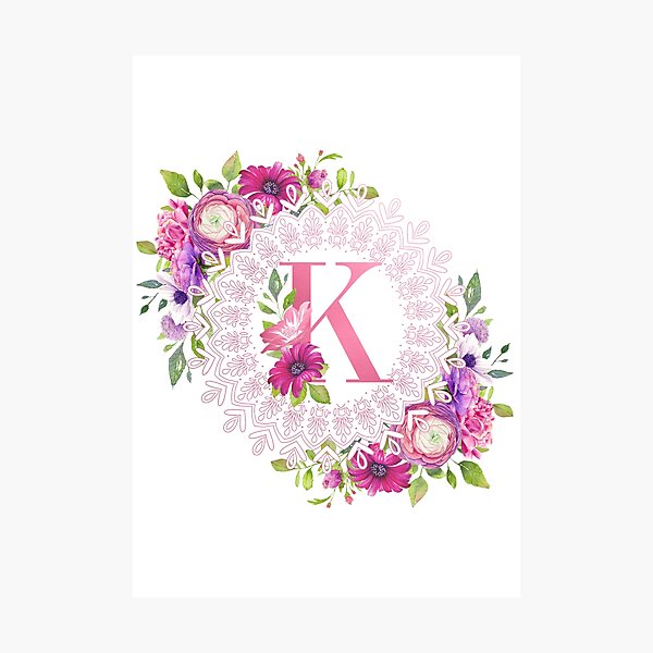 Pink Foil Floral Monogram - K Photographic Print
