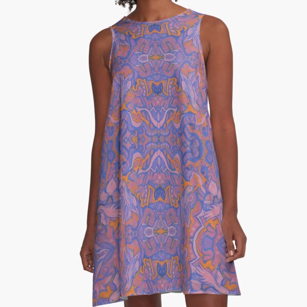 Birds Arabesque, Bohemian Pattern, Pink Blue Orange A-Line Dress