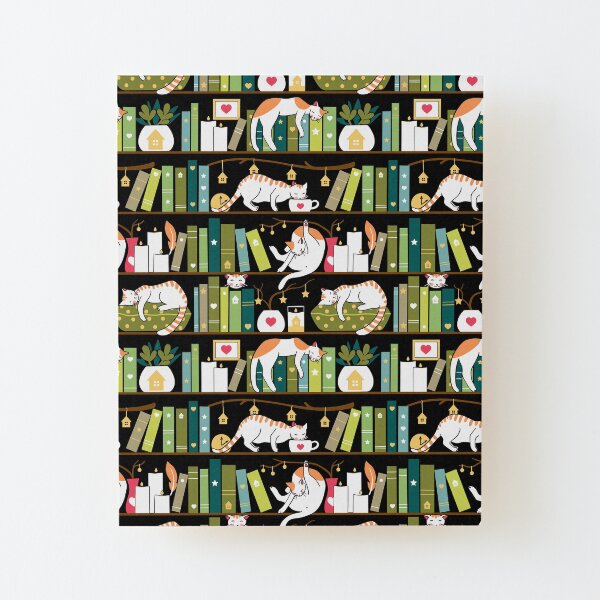 Library cats - whimsical cats on the book shelves Wood Mounted Print