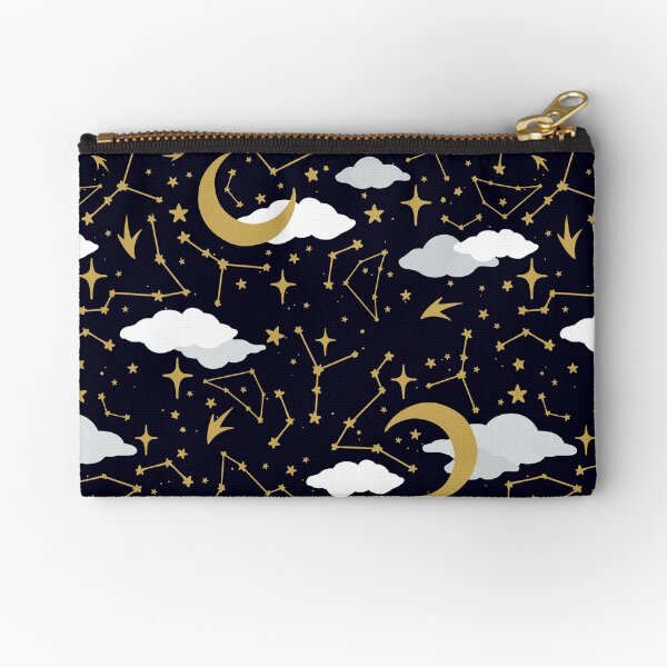 Celestial Stars and Moons in Gold and White Zipper Pouch