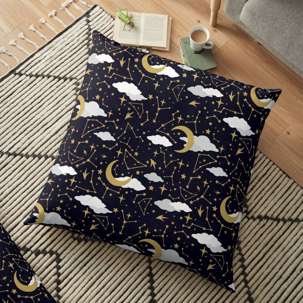 Celestial Stars and Moons in Gold and White Floor Pillow