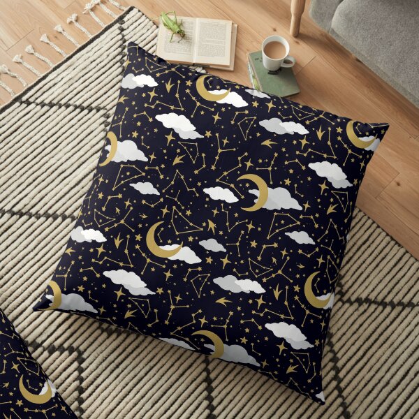 Celestial Stars and Moons in Gold and White Floor Pillow