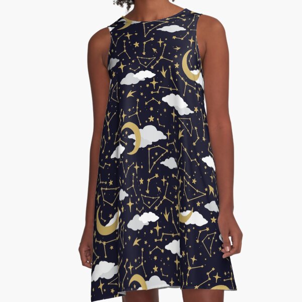 Celestial Stars and Moons in Gold and White A-Line Dress