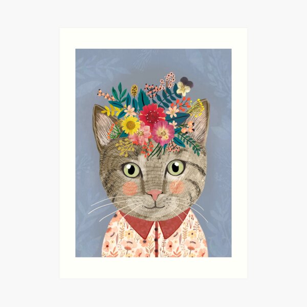 Grey Cat with Flower Crown. Animal lover art Art Print