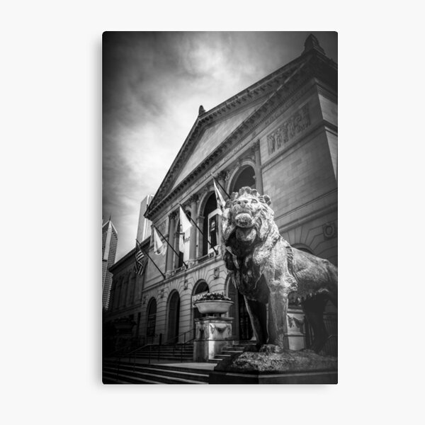Art Institute of Chicago Lion Statue in Black and White Metal Print