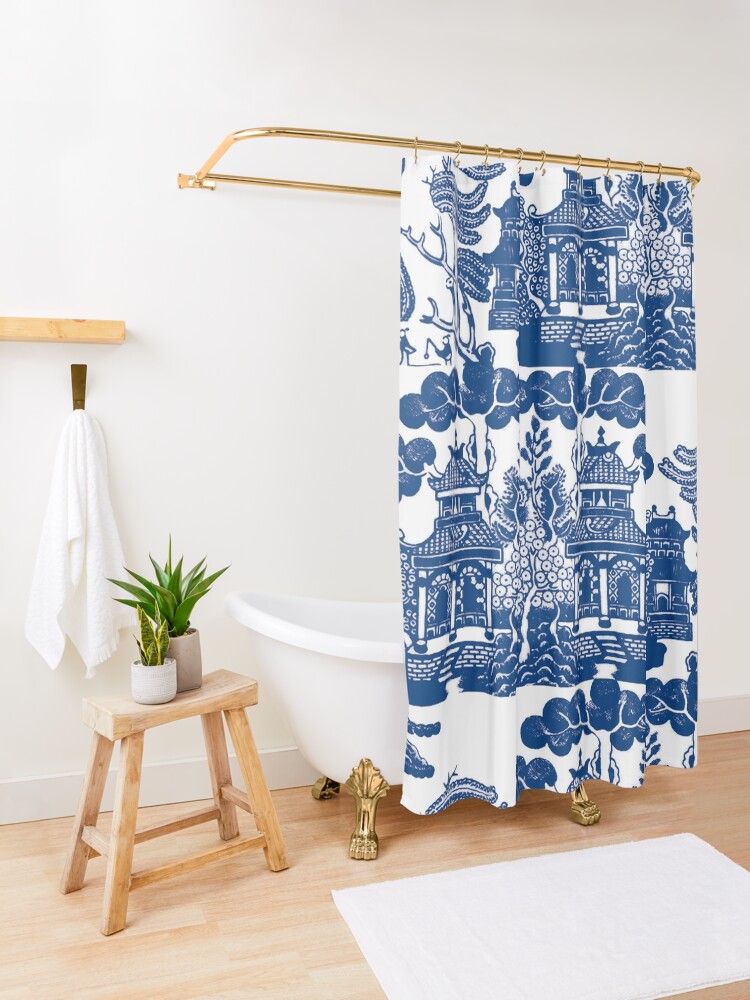 Alternate view of Blue Willow Chinoiserie Blue And White Porcelain Inspiration Shower Curtain