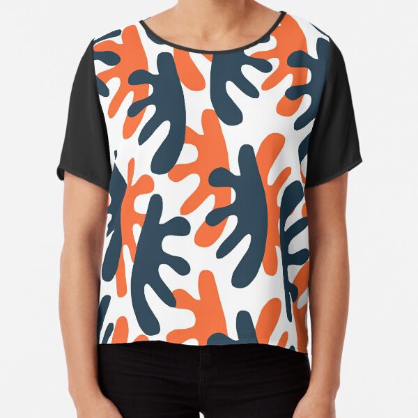 Dancing Blobs Cheerful Boho Maximalist Pattern in Orange, Blue, and White Chiffon Top