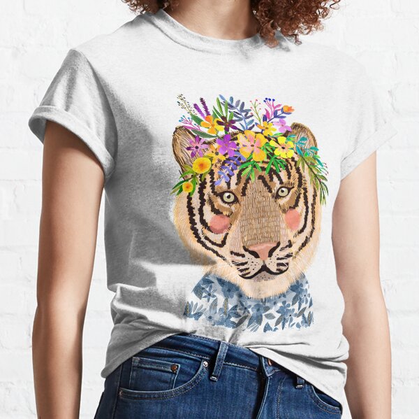 Tiger with Flower Crown, Wild Animal in Nature Classic T-Shirt