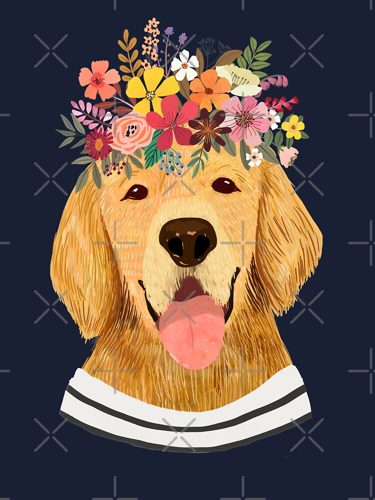 Golden Retriever Dog with Floral Crown Art Print – Funny Decoration Gift –  Cute Room Decor – Poster Wall Tapestry by Mia Charro