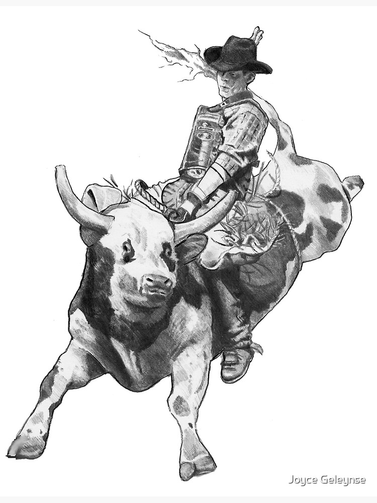 Póster «Vaquero montando un toro, rodeo, dibujo a lápiz, ocho segundos