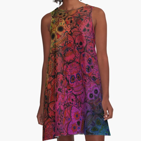 Rainbow Sugar Skulls A-Line Dress