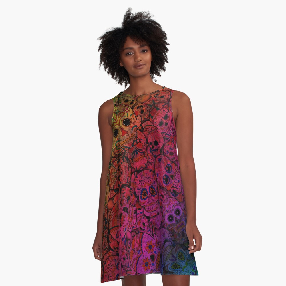 Rainbow Sugar Skulls A-Line Dress