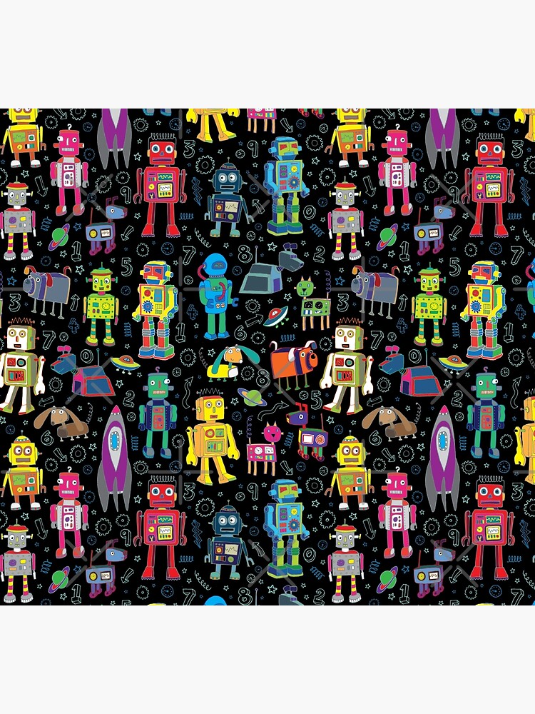 Robots in Space - black - fun pattern by Cecca Designs by Cecca-Designs