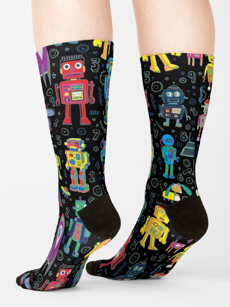 Alternate view of Robots in Space - black - fun pattern by Cecca Designs Socks