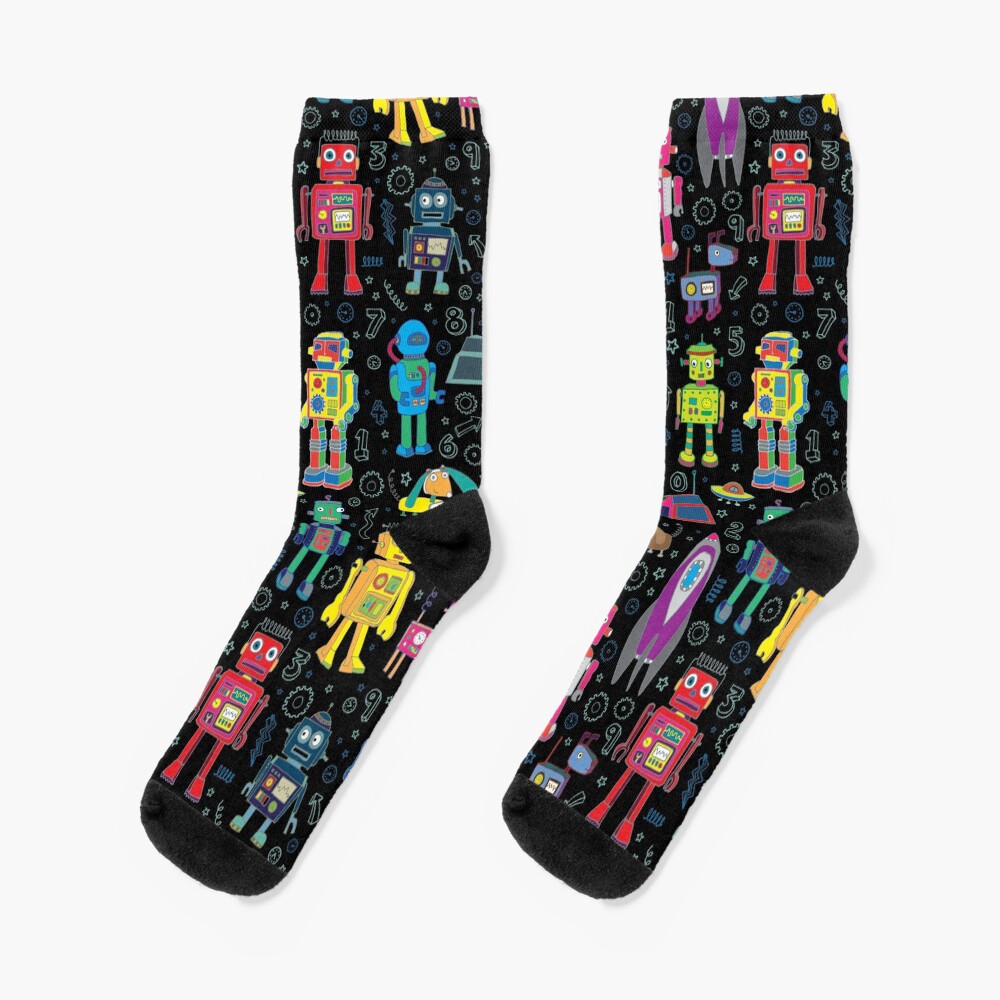 Robots in Space - black - fun pattern by Cecca Designs Socks