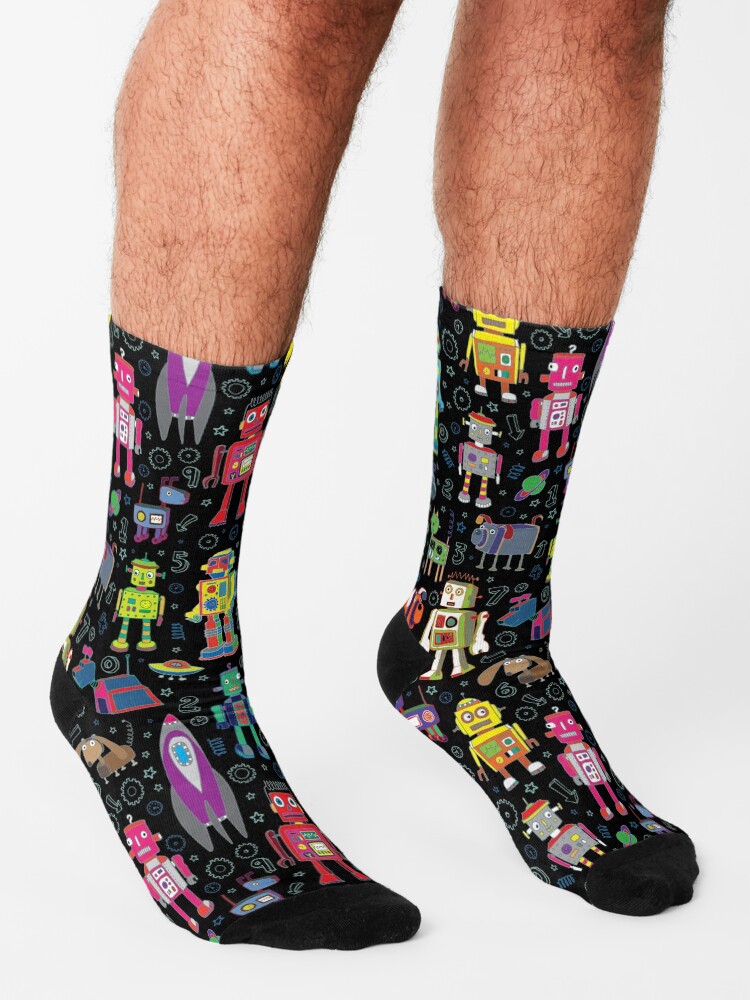 Alternate view of Robots in Space - black - fun pattern by Cecca Designs Socks