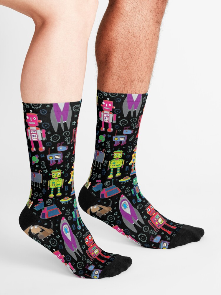 Alternate view of Robots in Space - black - fun pattern by Cecca Designs Socks