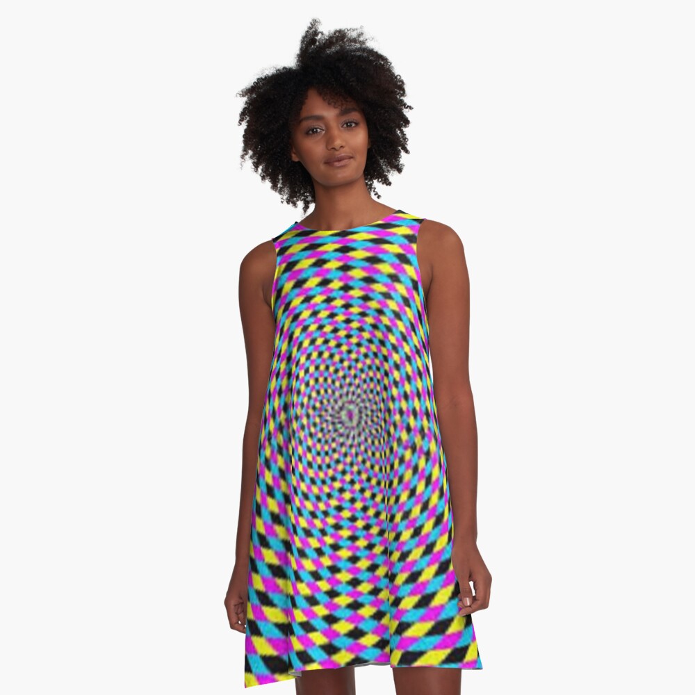Colorful vortex spiral - hypnotic CMYK background, optical illusion A-Line Dress