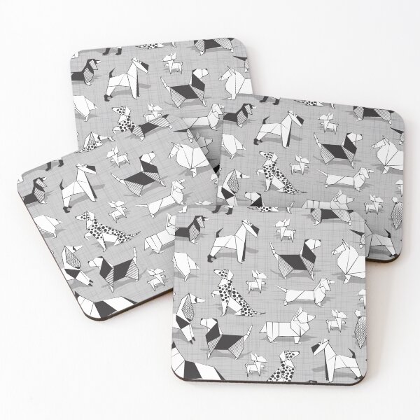 Item preview, Origami doggie friends // grey linen texture background coloring paper Chihuahuas Dachshunds Corgis Beagles German Shepherds Collies Poodles Terriers Dalmatians designed and sold by SelmaCardoso.